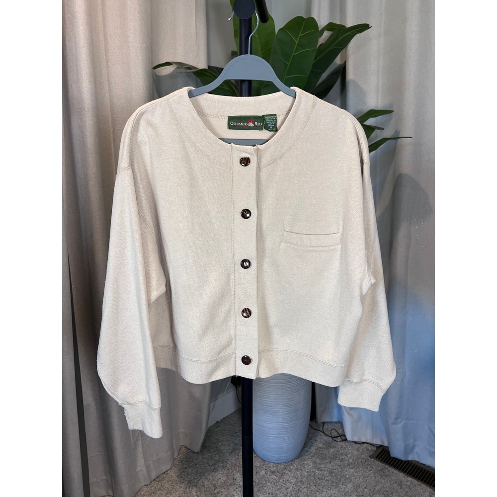 Vintage Outback Red Cream Sweatshirt Cardigan Button Front Pocket Size Medium